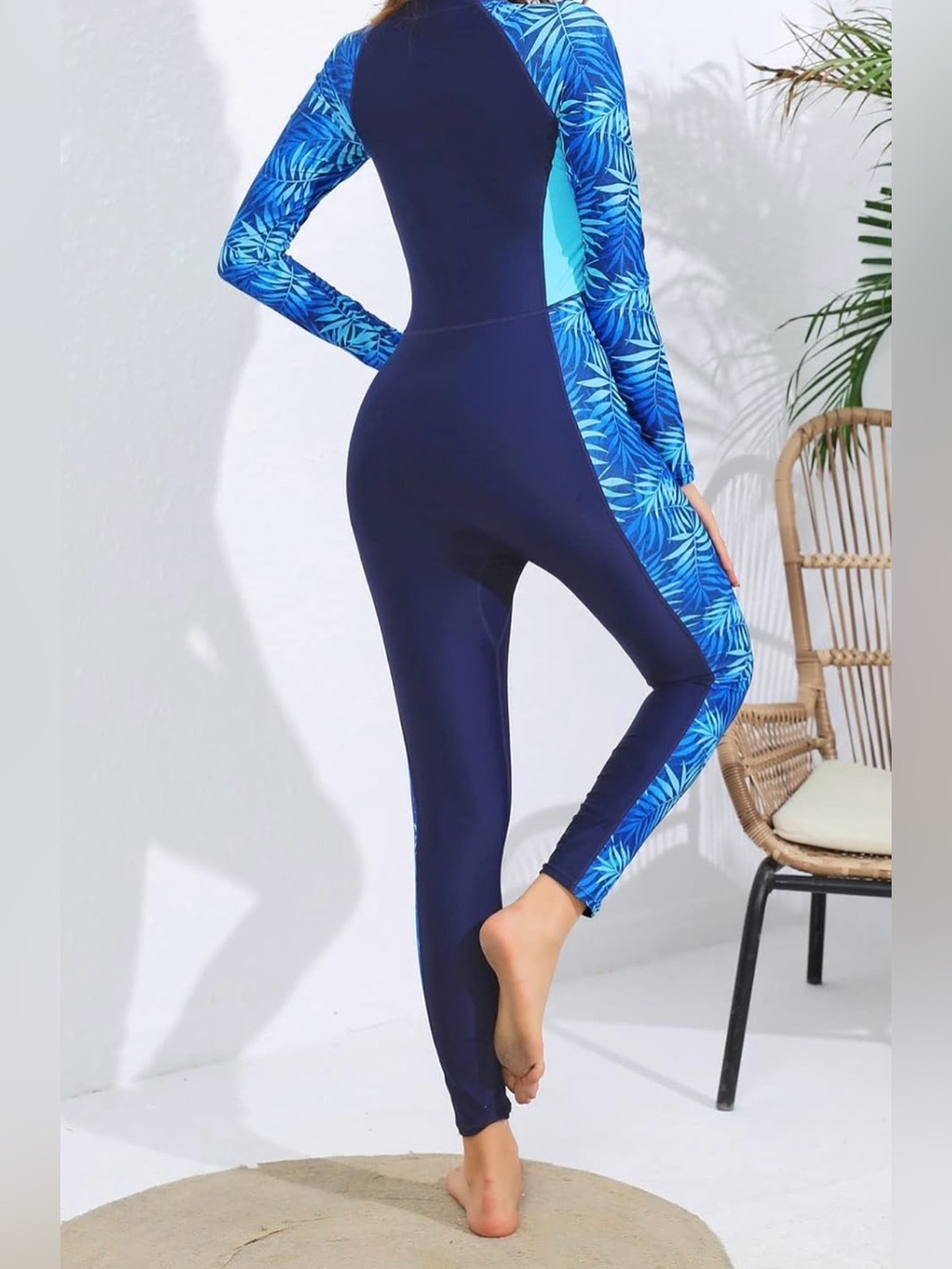 Woman’s Full Body Rash Guard Navy Blue Long Sleeve Swimsuit with Tropical Print - Picture 2 of 10